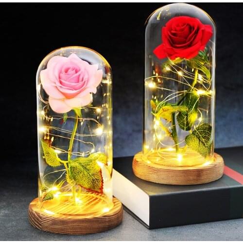 Artificial Eternal Rose LED Light Beauty And The Beast Rose In Glass Cover Christmas Home Decor For Valentines Day New Year Gift