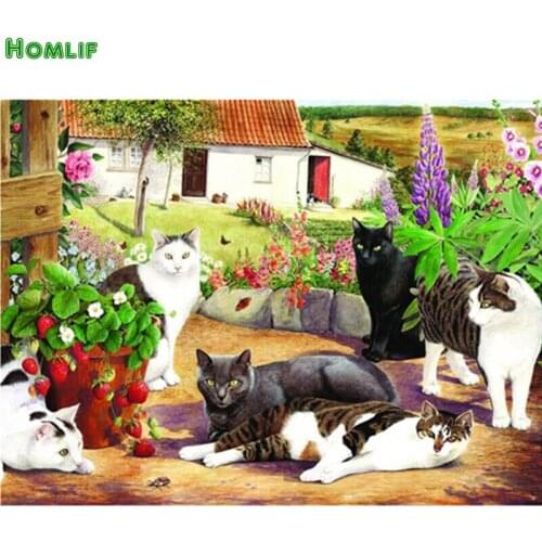 Full Square&round Flower house Diamond Embroidery Diy Diamond Painting Cats Friends Needleworks Cross Stitch Mosaic Home Decor