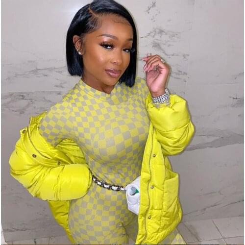 Green Sexy Skinny Grid Printed Long Sleeve Patchwork Rompers O-neck Zipper High Waist Women Jumpsuit Trendy Streetwear New Style