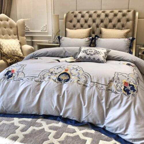 New Grey 100S Egyptian cotton Embroidery Royal Bedding sets Queen King Luxury Duvet cover Bed sheet set Pillowcases 4/6pcs