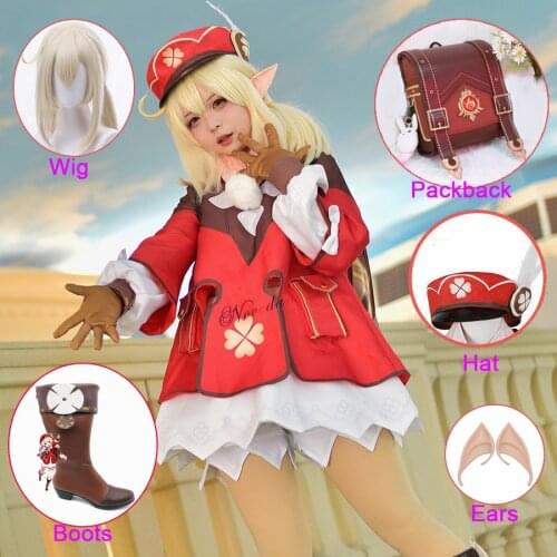 Anime Game Genshin Impact Klee Cosplay Costume Backpack Wig Shoes Outfit Lolita Dress Women Halloween Party Costume