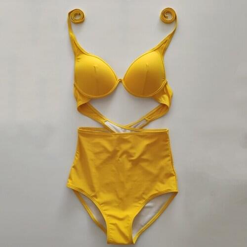 Brand Women Sexy One Pieces Swimwear Light Yellow Push Up Bikini High Waist Swimsuit Hot Girls Cute Beach Wear Bathing Suit