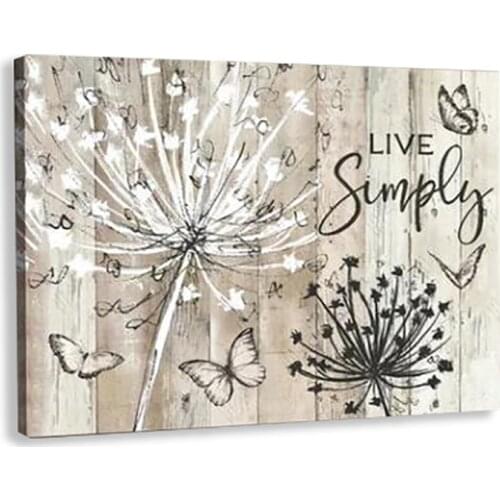 Live Simple Inspiration Motivation Room Posters Light Brown Wood Background Rustic Farmhouse Dandelion Canvas Painting Decor