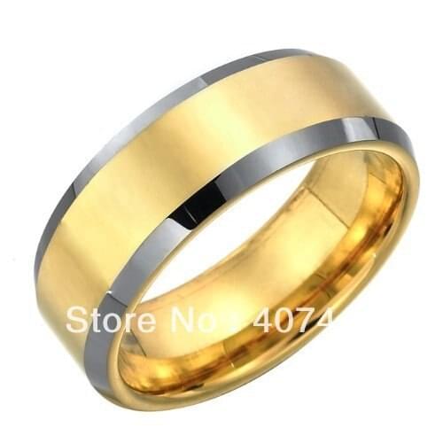 Free Shipping Stunning Mens Tungsten Ring Two Tone Wedding Band 7mm Gold Shiny Beveled Comfort Fit Engagement Anniversary Band