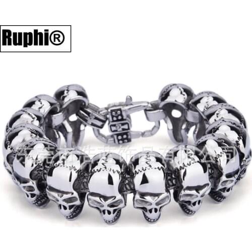Skull Mens Bracelet 24mm Wide Stainless Steel For Male Punk Linked Skeleton Lobster Claw Closure Hip Hop Bracelets