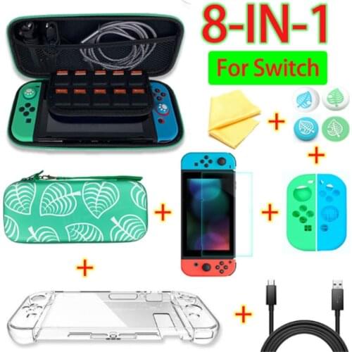 Animal Crossing Game Accessory Set For Nintendo Switch Travel Carrying Bag Protector Case Thumb Stick Grip Caps Charging Cable