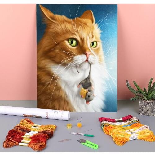 Cat Animal Printed Fabric 11CT Cross-Stitch Kit Embroidery DMC Threads Painting Craft Needlework Knitting Floss Promotions