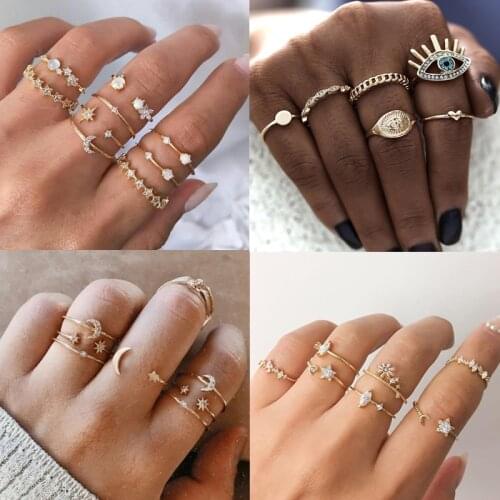 Bohemian Crystal Flower Eye Star Moon Ring Set Vintage Open Cuff Knuckle Rings for Women Engagement Ring Anillos Mujer