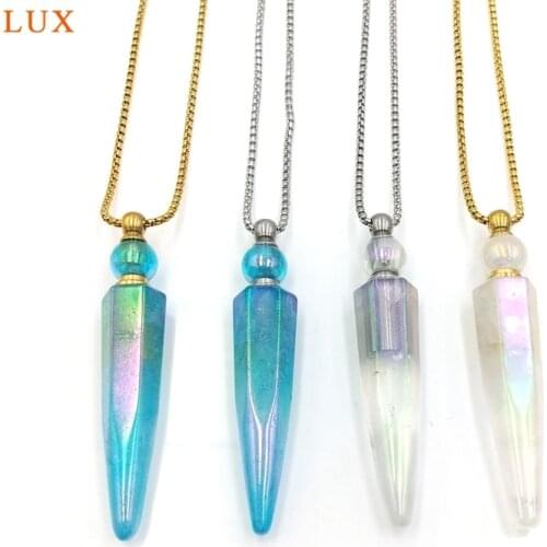 Natural Titanium White Blue AB Quartz Perfume Bottle Pendant Stone Pointed Essential Oil Vial Gold S.Steel Chain Necklace