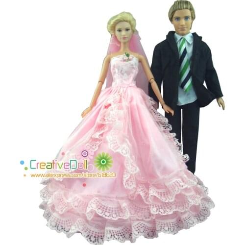 New year Christmas / birthday gift for kids 2 sets= clothes suit for ken doll + pink wedding dress with veil for barbie doll
