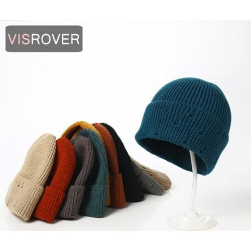 VISROVER 10 Colorway Unisex Holes Solid Acrylic Woman Winter Hat Dark Color Autumn Bonnet Acrylic Man Woman Warm Skullies Gift