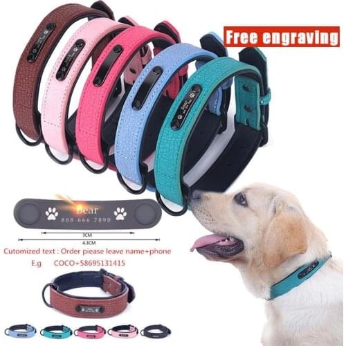 YVYOO Adjustable Personalized Dog Collar Leather Puppy ID Name Custom Engraved XS-XXL