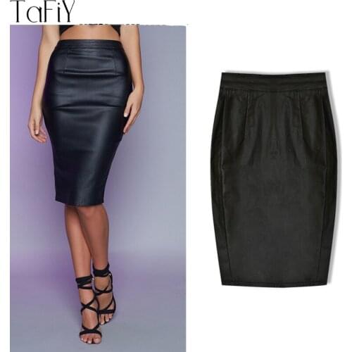 TaFiY 2017 Fashion High Waist faux leather Skirt Black Pencil Skirts Coated Cotton Skirt Back Slit Stretch Summer Midi skirt