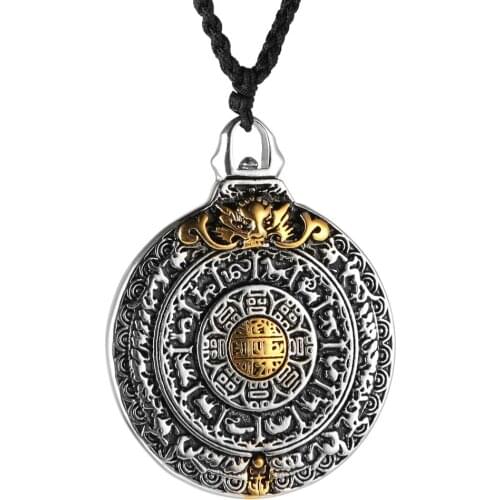 HZMAN Vintage Tibetan I Ching Spiritual Divination Om Stainless Steel Pendant Necklace Religion Jewelry