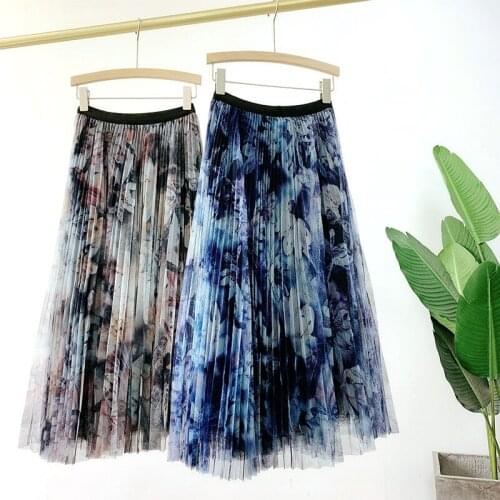 Wasteheart Spring New Blue Khaki Women Skirts High Waist Pleated Long Feather Ankle Length Skirt Mesh Clothing Plus Size