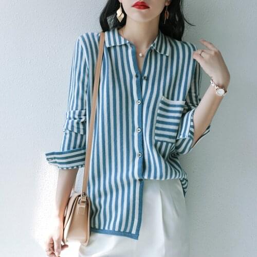 Womens cardigan 2020 new striped knitted sweater womens clothes lapel plus size inde top cashmere wool hot sale