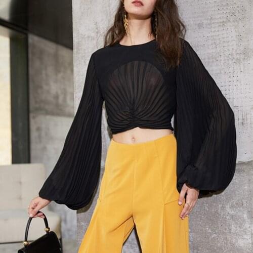 2020 Spring Summer New Fashion Lantern Sleeve Round Neck Solid Color Chiffon Casual Temperament Women T-shirt C018