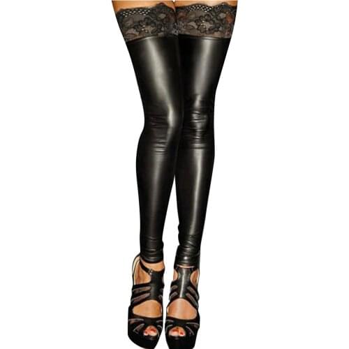 Women Pu Leather Stockings Over Knee Stocking Long Boot Thigh-high Stockings 2020 Fashion Lace Patchwork Black Sexy Stocking