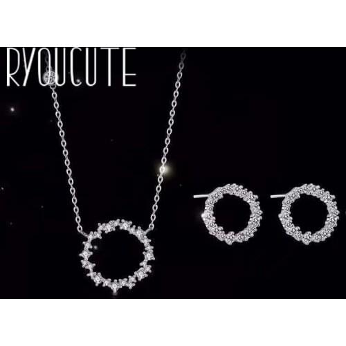 Fashion Bridal Jewelry Sets Silver Color Rhinestone Circle Necklaces Earring For Women Party Gifts 2019