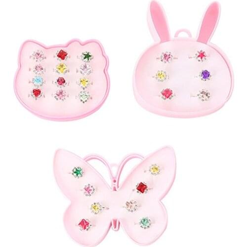 12/8/6Pcs Baby Toys Cat Bunny Shape Gem Ring for Girls Kawaii Kids Rings Alloy Children Jewelry Accessories Princess Ring