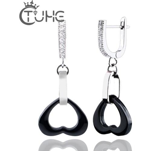 2018 Korean Sweety Lovely Style Ceramic Heart Earrings Stainless Steel Bling Crystal Ear Earrings Trendy Jewelry