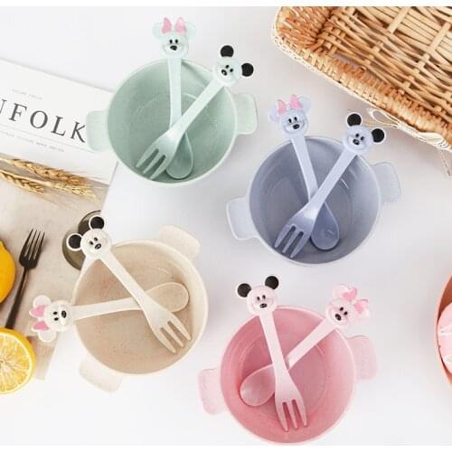 3Pcs/Set Cartoon Baby Tableware Infant Food Dishes Wheat Straw Children Food Feeding Bowl Spoon Fork Dinnerware Set MBG0362