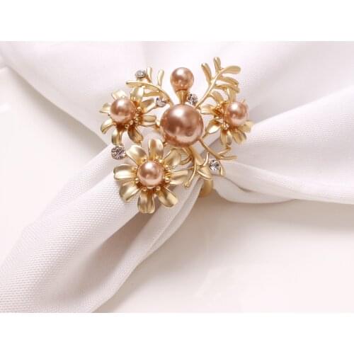 4PCS/metal napkin ring champagne pearl flower napkin holder plant napkin ring for hotel wedding party decoration