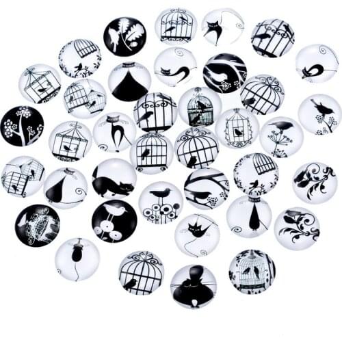 DoreenBeads Glass Dome Seals Cabochon Round Flatback Black & White At Random Birdcage & Cat Pattern 12mm( 4/8") Dia, 10 PCs