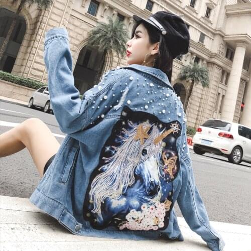 Unicorn Denim Jacket Punctured Pearl Patch Jacket By Jeans Delle Donne Buco Strappo Paillettes Long Sleeve Jean Cappotto Autumn