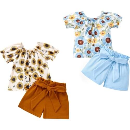 FOCUSNORM Infant Baby Girls Clothes Sets 2pcs Flowers Printed Off Shoulder Ruffles Sleeve T Shirts Bow Solid Shorts 0-24M