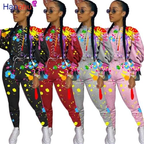 HAOOHU Fall Graffiti Tracksuit Two Piece Set Long Sleeve lace-up Top and Sweatpants Outfits for Women Clothes Matching Sets