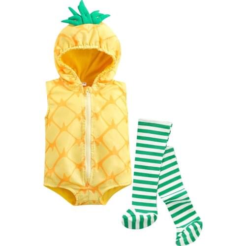 Unisex Baby Clothes Set, Pineapple Shaped Stage Performance Zip-up Hooded Romper+Striped Stockings