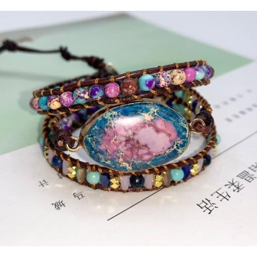 Royal Stone Leather Bracelet Leather Wrap Bracelet Stones Multi Color Natural Beads Crystal Weaving Statement Art Bracelet Gifts