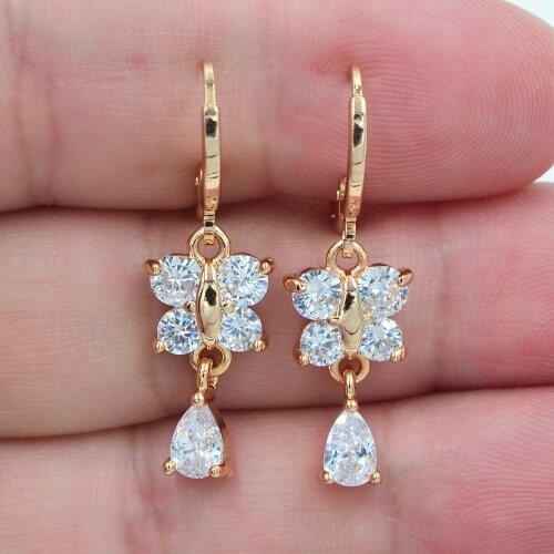 Fashion Jewelry Gold Color Clear White Zircon CZ Sparkly Butterfly Dangle Earrings for Women