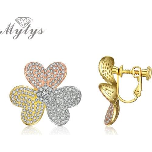 Mytys New Design Clip Earrings No Hole Luxury Pave Setting Zircon Rose Silver Yellow Three Tone Gold No pierced Earcuff CE574