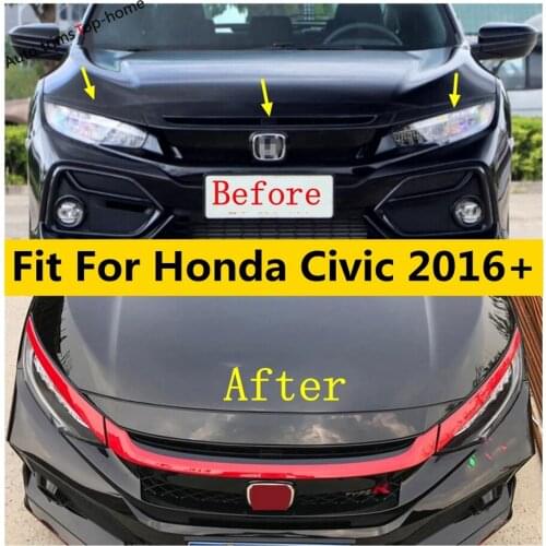 For Honda Civic 2016 - 2021 Car ABS Exterior Front Hood Racing Grid Grill Grille Head Lamps Eyelid Edge Decor Strip Cover Trim