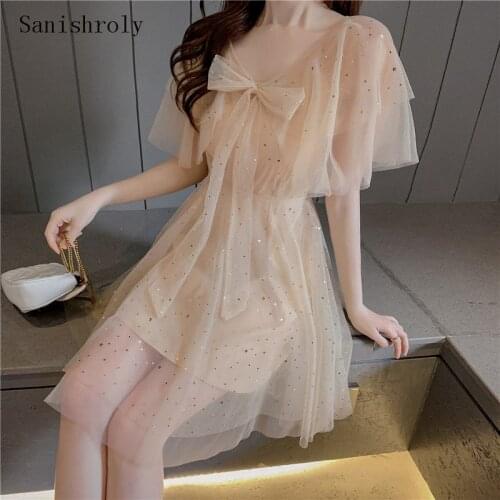 Two Pieces New Women High Waist Butterfly Sleeve Mesh Dress Sweet Tie Bow Star Sequins Lace Dress Female A Line Short Mini Dress