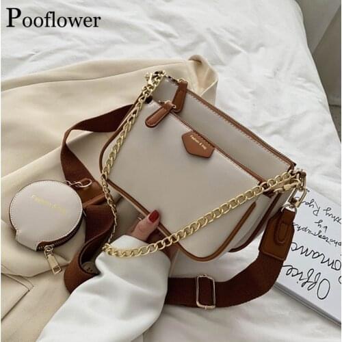 Pooflower Three in One Mahjong Bag New Fashion Pu Leather Chain Single Shoulder Bag Lady Wide Strap Crossbody Bag Purse ZH207