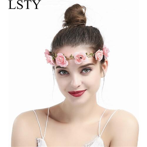 New Trend Women Bride Flowers Headband Bohemian Style Fashion Rose Flower Crown Hairband Ladies Elastic Beach Hair Accessories