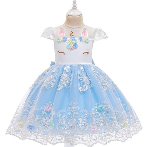 Blue Pink Unicorn Dress Costume Party Dress For Baby Girls 4 6 8 10 Year Birthday Dresses Kids Christening Summer Clothes