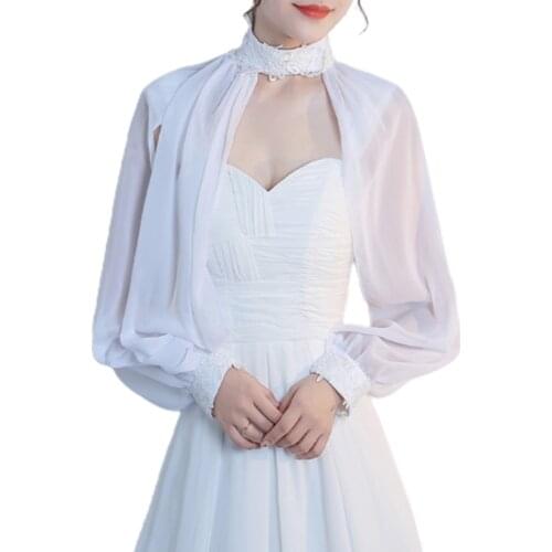 Women Side Split Long Sleeve Wedding Shawl Cape Halter Neck Chiffon Shrug Bolero 649D