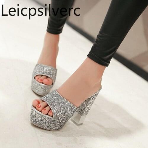 Womens Slippers summer The New fashion Fish mouth Open toe Sequin Thick heel High heel Womens shoes plus size 32-43