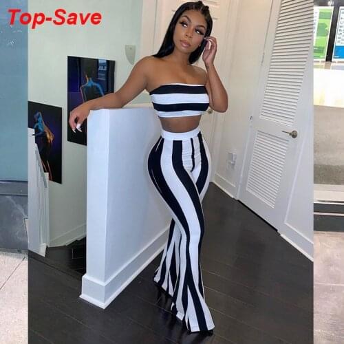High Quality Temperament 2 Piece Set Womens Suits Striped Crop Top And Flares Pants Festival Clothing Sexy Female Two Piece Set