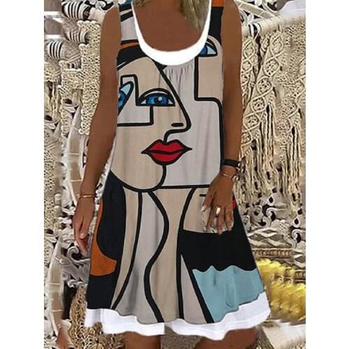 Retro Floral Print A-Line Dress Women 2021 Summer Y2k Casual All-Match Sleeveless Mini Oversized Loose Dress Woman Vestidos