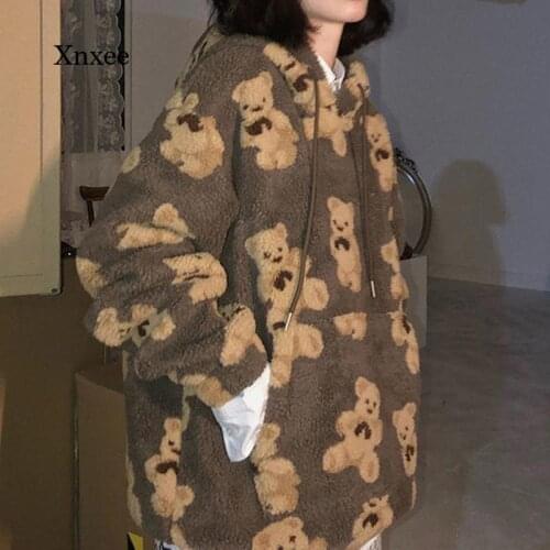2021 Warm Hoodies Kawaii Faux Fur Hoodie Women Korean Cute Bear Graphic Soft Over Size Coat Zipper Thickened with Pocket Outwear