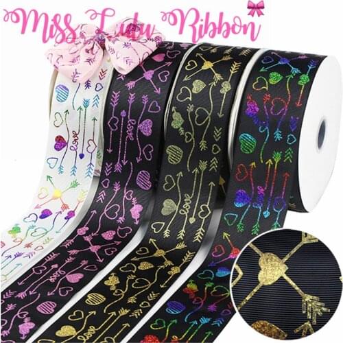 3"75mm Rainbow&Pink&Gold Hologram Foil Heart Arrow Printed Solid Grosgrain Ribbon DIY Gift Bowknot Hair Band Making 50yards/roll