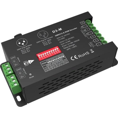 3 Channel Constant Voltage DMX512 & RDM Decoder;DC12-24V/RDM/DIP switch/XLR3 input /Logarithmic dimming