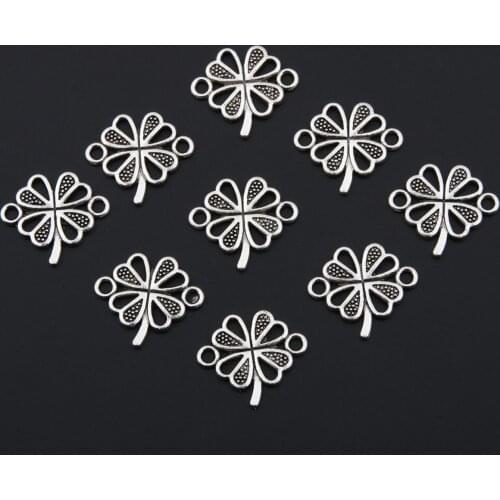 50pcs Silver Color Four Leaf Clover Charms Lucky Nature Pendant Connector Jewelry Making Supplies