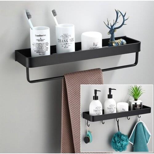 Home Punch-Free Space Aluminum Black Towel Rack Wall Mounted ook Storage Shower Rack Towel Holder With Hook Bathroom Accessories