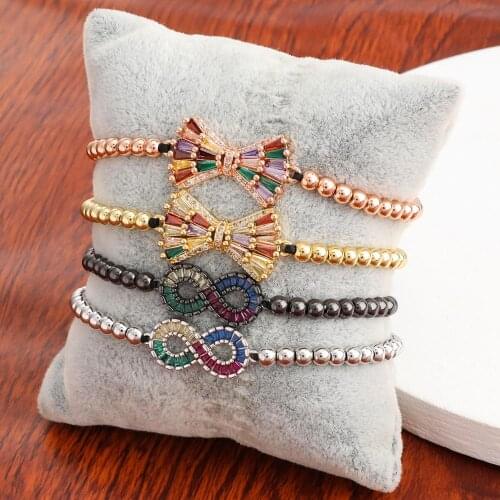 Handmade Rose Gold Beaded Chain Bracelets Hip Hop Bowknot Zircon Stone Bracelet Lover Jewelry Gift for Men Women Adjustable